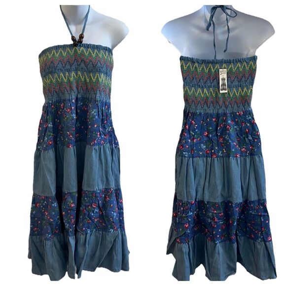 Chaudry KC Dress Womens Small Midi Tiered Floral Smocked Halter Cottage Boho NEW - Picture 1 of 16
